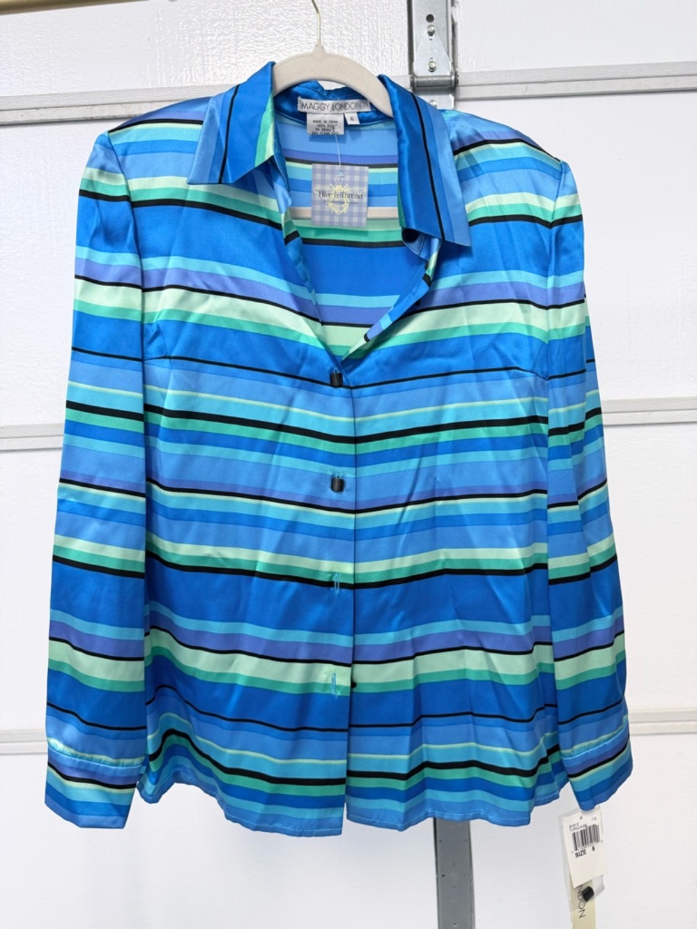 Vintage Maggy London Blue Striped Button Front Silk Blouse